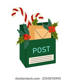 Letterbox, caramel cane and ilex berries. Post Office. Christmas decorative element for cards, posters, tags. Flat illustration on white background.