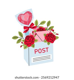 Letterbox, red rose, lollipop. Post Office. Valentine's decorative elements for cards, posters, tags. Flat illustration on white background.