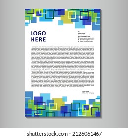 Diseño de membrete con cuadrados de color; Diseño de membrete empresarial A4 con cuadrados verdes y azules; plantilla de negocio en forma de membrete con cuadrados coloridos