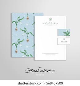 Letterhead, folder for documents, business cards. Stems of snowdrop flowers and snowfall on backdrop. Vector identity templates. 