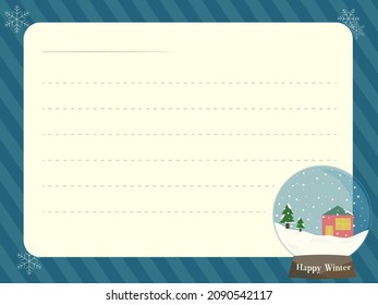 Letterhead frame with snow globe illustration, blue striped background, 4:3 ratio