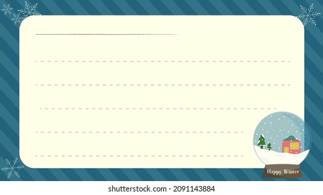 Letterhead frame with snow globe illustration, blue striped background, 16:9 ratio