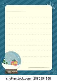 Letterhead frame with snow globe illustration, blue striped background, 3:4 ratio