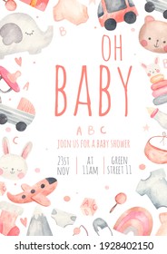 letterhead invitation to children's party baby shower, watercolor illustration on white background