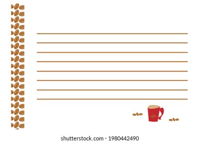 letterhead on a white background.coffee bean pattern,red coffee mug with lettering, lines to fill in. vector illustration