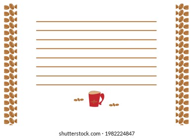 letterhead on a white background.coffee bean pattern,red coffee mug with lettering, lines to fill in. vector illustration