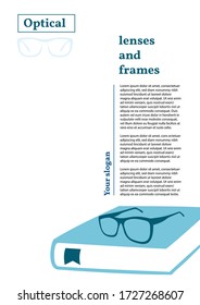 Letterhead para la tienda de ópticas. Puntos de contacto en un libro cerrado.