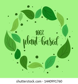 Lettering 100% Plant Based Logo.Round Emblem Of Green Leaves.Vector Icon Template For Farm Market Advertising,bio Product Business,vegan Restaurant,diet Menu,ads, Packaging And Identity.