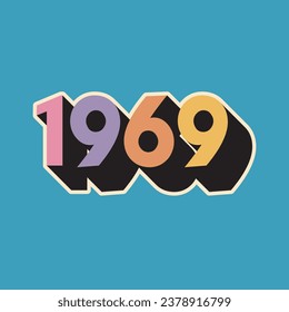 Lettering 1969 with long shadow, colorful color palette
