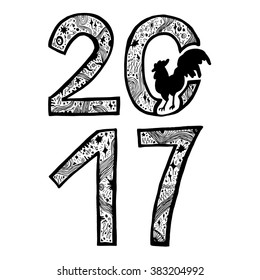 Lettering 2017 with cock for print, poster, sticker. Happy new year greeting card. Vector