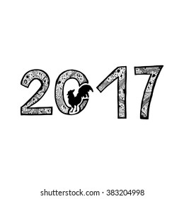 Lettering 2017 with cock for print, poster, sticker. Happy new year greeting card. Vector