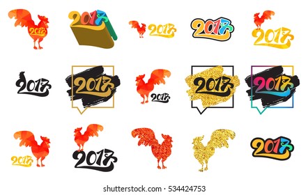 Lettering 2017 With Red Fire Cock for print and poster, banner and sticker. Happy new year greeting card. Vector