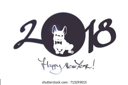 Lettering 2018 with cute and funny cartoon puppy French Bulldog with bow-tie. Dog is a symbol of the 2018 Chinese New Year.Vector  illustration. Hipster insignia in comic style
