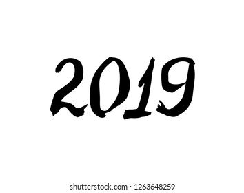 Lettering 2019. New Year 2019 print. Ink brush drawing. Hand drawn vector illustration.