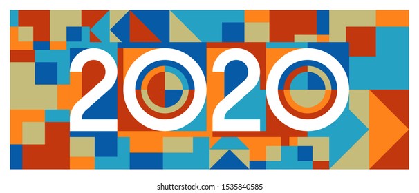 Lettering of 2020 number. Happy new year 2020 typography on geometric pattern background. Banner, brochure & cover design template. Abstract shapes background. Modern art banner. Eps10.