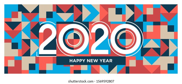 Lettering of 2020 number. Happy new year 2020 typography on geometric pattern background. Banner, brochure & cover design template. Abstract shapes background. Modern art banner. Eps10.