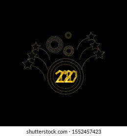 Lettering 2020 and shining golden firework. New Year theme. Vector design.

