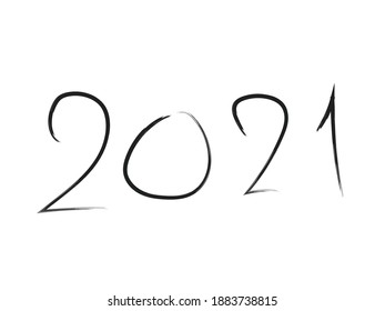 Lettering 2021 by  thin brush with black paint shade on white background. Isolated, close-up.