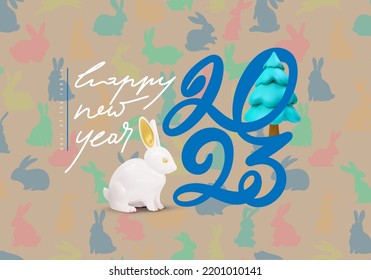 Lettering 2023 Happy New Year blue logo text design. 2023 number serif lettering design template. Symbols of 2023. Vector illustration with creative labels isolated on background. Year of the rabbit