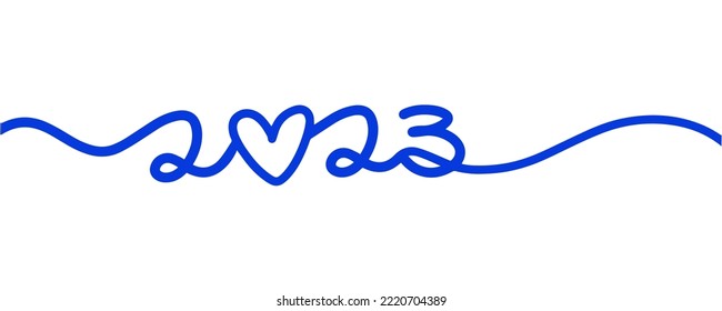 Lettering 2023 is one line with a heart. New Year's doodle illustration for postcards, posters, banners, promotions, stickers, souvenirs, holiday decoration. Vector