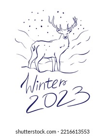 Lettering 2023. Winter postcard with a deer in the snow under a snowfall. The style of linear art. For the design of postcards, posters, souvenirs, stickers, window dressing, printing on clothes