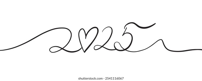 
Lettering 2025 with doodle heart in New Year linear illustration style. Continuous handwriting. Minimalistic black letters on a white background. Vector illustration EPS10