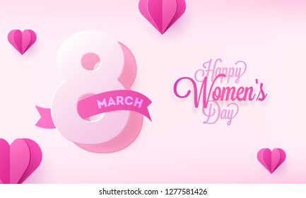 Lettering of 8 march, Happy Women's Day poster or banner design decorated with paper hearts.