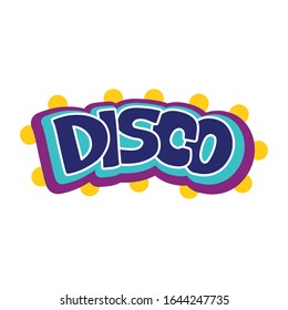 Lettering 90s life Disco signboard. Dance cartoon theme. Vector hand drawn illustration isolated on white background. Letters for use on t-shirts, party posters, cards, disco signs, retro prints, web.