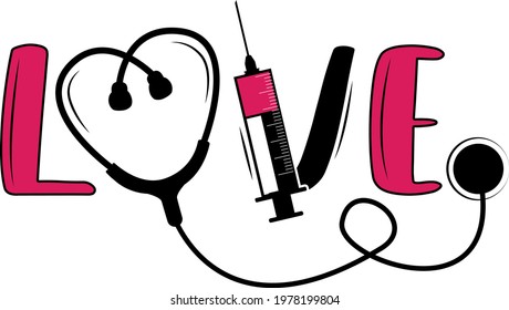 Lettering about nurse. Interesting and cool inscription. Stethoscope and syringe illustration vector