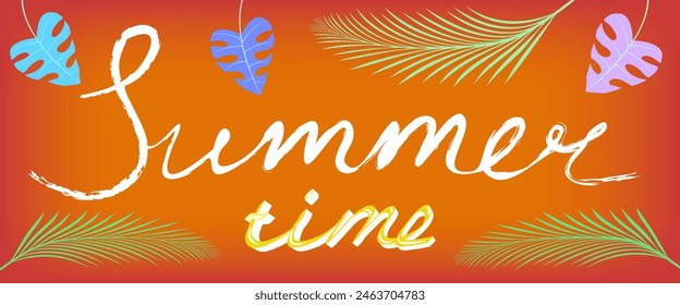 Lettering about summer, against the background of tropical leaves