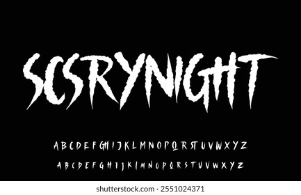 lettering in abstract scary letters. Vector set of alphabet letters and numbers written in blood and paint on black background. Horror font for headline, poster, label. Splash Alphabet
