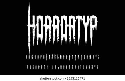 lettering in abstract scary letters. Vector set of alphabet letters and numbers written in blood and paint on black background. Horror font for headline, poster, label. Splash Alphabet