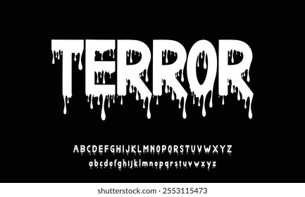 Letras abstractas en letras aterradoras. Vector conjunto de letras del alfabeto y números escritos en sangre y pintar sobre fondo negro. Fuente de horror para titular, cartel, etiqueta. Alfabeto Splash
