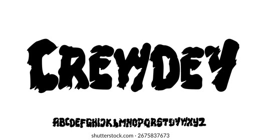 Schrift in abstrakten, gruseligen Buchstaben. Vektorgrafik mit Buchstaben und Zahlen, die in Blut und Farbe auf schwarzem Hintergrund geschrieben sind. Horror Font für Überschrift, Poster, Label. Splash Alphabet