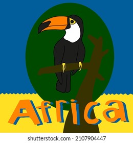 Lettering Africa with cartoon toucan sitting on a tree image on yellow blue background