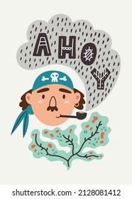 Lettering Ahoy. Sailor pirate face smoking pipe seaweed. White hat skull. Doodle illustration Hand drawn nursery baby scandinavian style, kids t shirt postcard