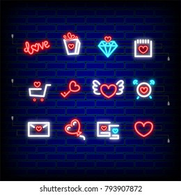 Lettering, alarm, sale Neon happy Valentine's Day set icon. Valentine lamp romance heart collection shape. Red color vector light. Nightclub bulb dark brick wall. Holiday love greeting icons.