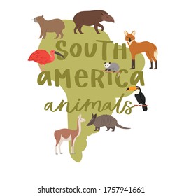 Lettering animals South America on map, background, natural habitat, geographical location, cartoon style vector illustration. American wild beast, on continent, country for travel, isolated on white.