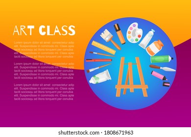 Lettering art class, background information, school drawing with paints and pencil, design cartoon style vector illustration. Graphic craft, creative materials, education banner, workshop tool set.