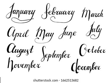 Lettering, art text: 12 months of the year: January, February, March, April, May, June, July, August, September, October, November, December. Vector illustration, graphic design for calendars.