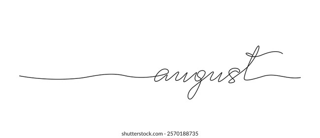 Lettering August drawn with continuous line in minimalism, abstract style, handwritten inscription, calendar, name of month, summer, planner, word, letters, one line, editable vector contour