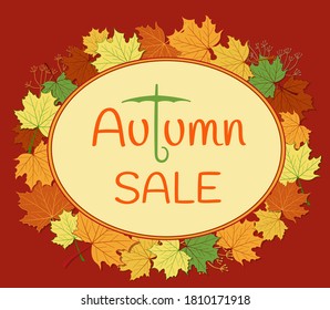 Lettering Autumn sale, banner with colorful seasonal autumn leaves on a maroon background for a discount purchase. Vector illustration.