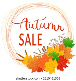 Lettering Autumn sale, banner with colorful seasonal autumn leaves on a white background for a discount purchase. Vector illustration.