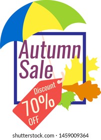 Lettering - Autumn Sale with frame, square, umbrella, leaves and tag. Flat autumn background in bright colors for a good mood.