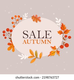 lettering autumn sale template with autumn leaves and berries on branches