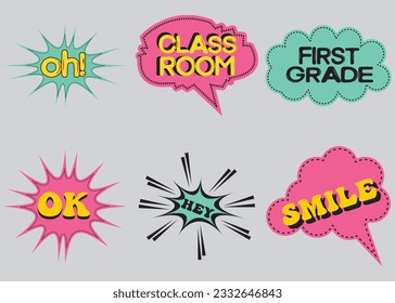 Lettering back school, go, goal, football, super, hey. Set comics book balloon. Bubble speech phrase. Cartoon exclusive font label tag expression. Comic text sound effects. Sounds vector illustration.