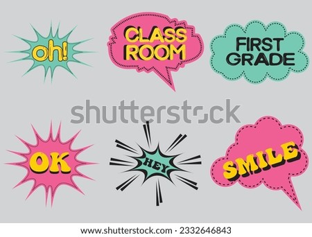 Lettering back school, go, goal, football, super, hey. Set comics book balloon. Bubble speech phrase. Cartoon exclusive font label tag expression. Comic text sound effects. Sounds vector illustration.