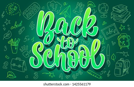 Lettering Back to school on chalk board. Punctuation and spelling advertising banner.