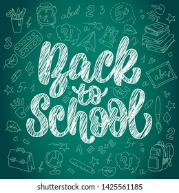 Lettering Back to school on chalk board. Punctuation and spelling advertising banner.