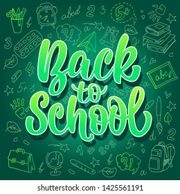 Lettering Back to school on chalk board. Punctuation and spelling advertising banner.
